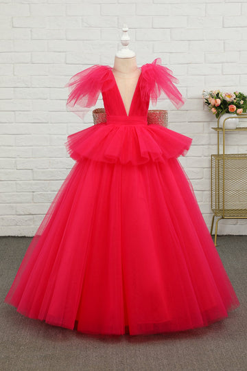 Fuchsia Tulle Flower Girl Dress com arco de lantejoulas